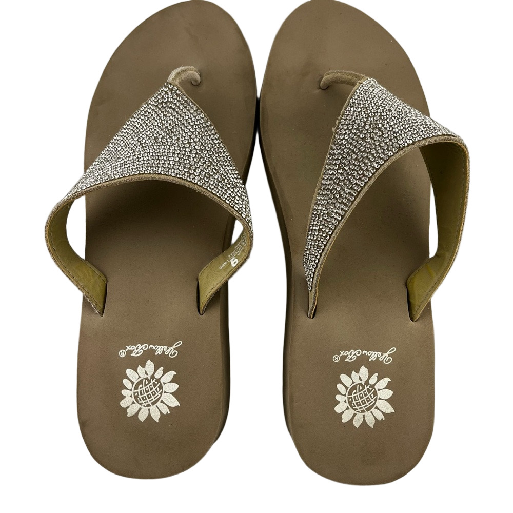 Yellow Box Women's Size 9 Brown/Tan Rhinestones Silver Wedge Sandals Flipflops